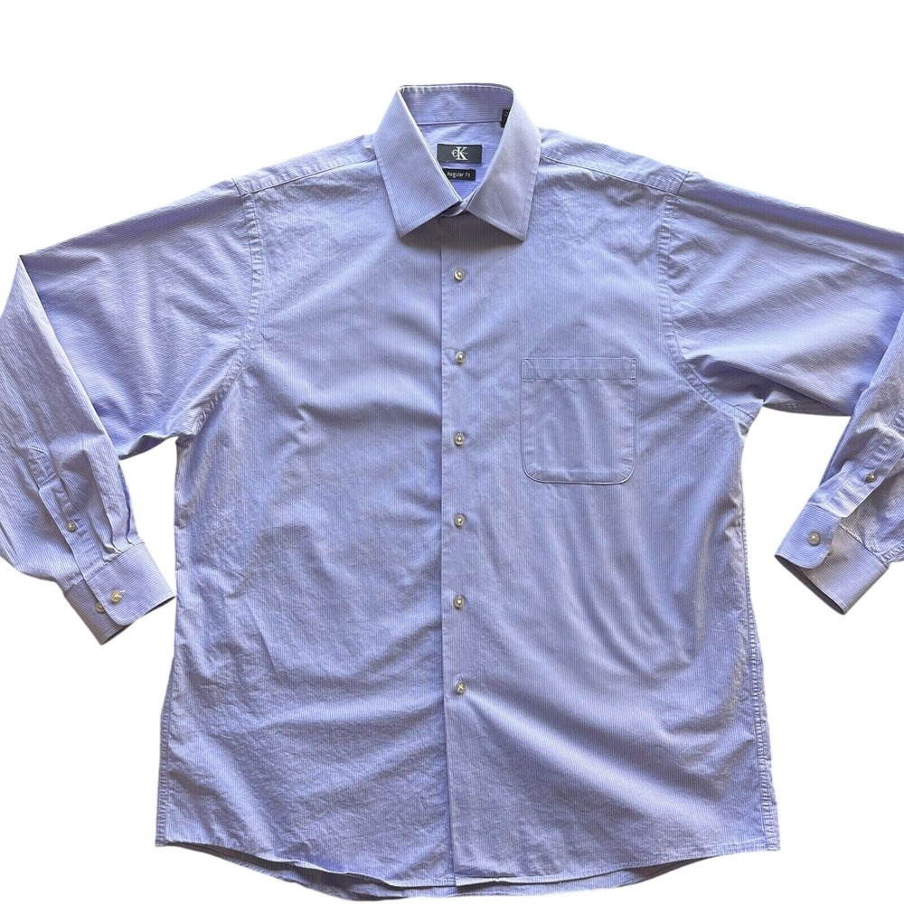 Calvin Klein Dress Shirt Striped Regular Fit Long Sleeve Button Light Blue Large